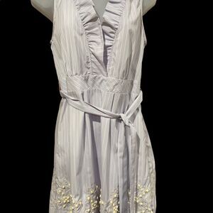 Vintage Theme Dress Medium Sleeveless Belted Crème Beading Light Blue Stripes